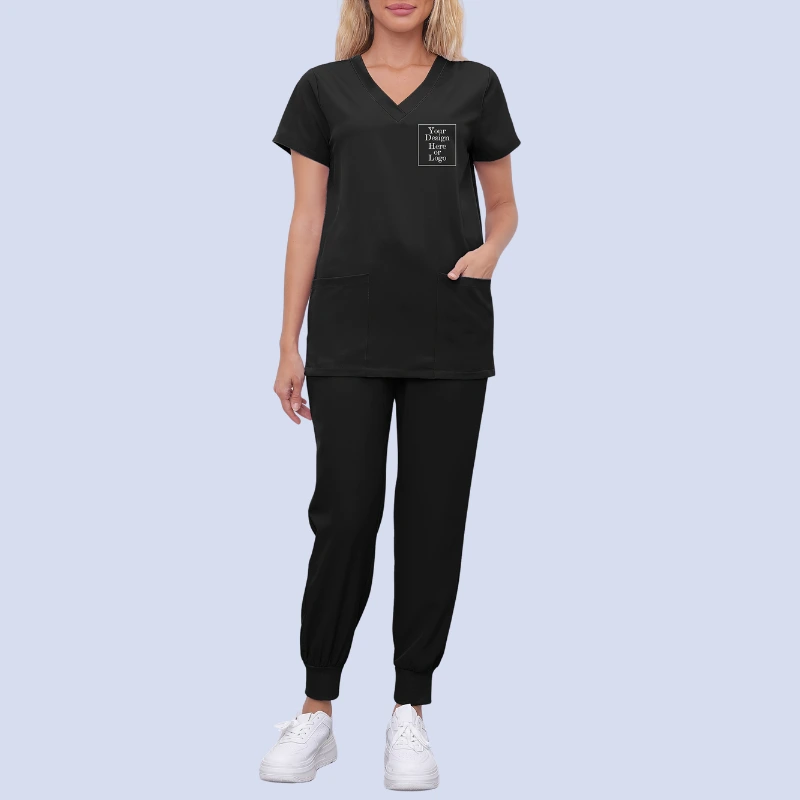 Custom medical scrub top showing personalized branding placement