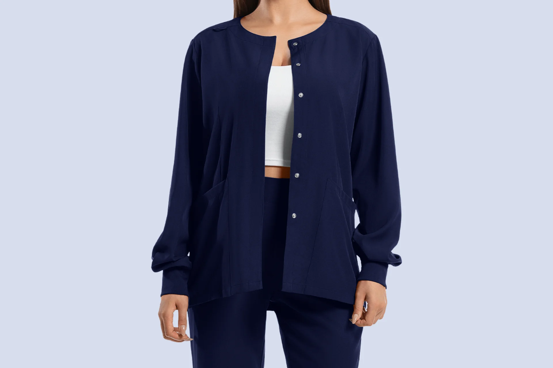 Wool scrub jackets for healthcare professionals in multiple colors and sizes